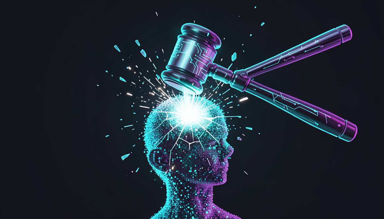 Ilustración conceptual de un mazo judicial digital golpeando una silueta humana de píxeles que se disuelve