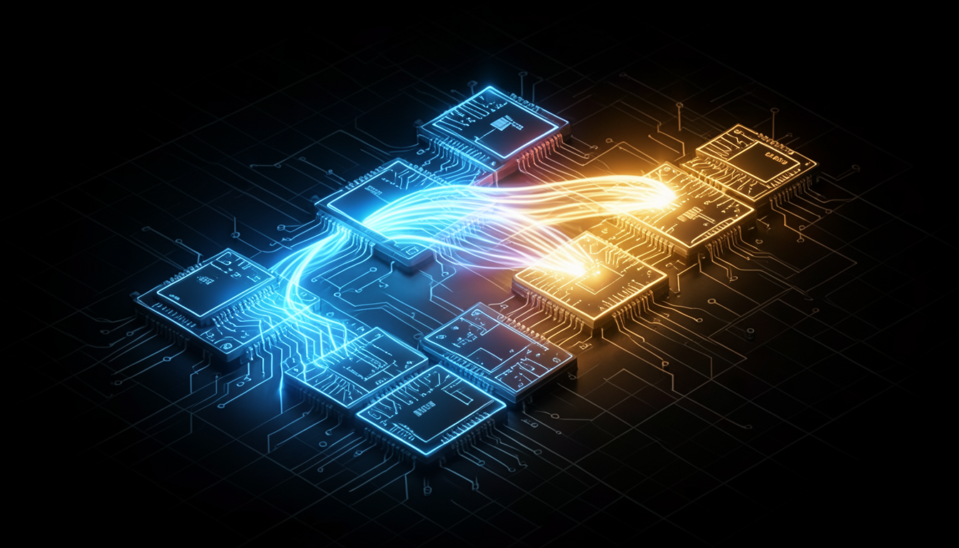 Ilustración isométrica de dos líneas de producción de chips: una satura y desborda luz hacia la segunda, que se enciende para absorberla