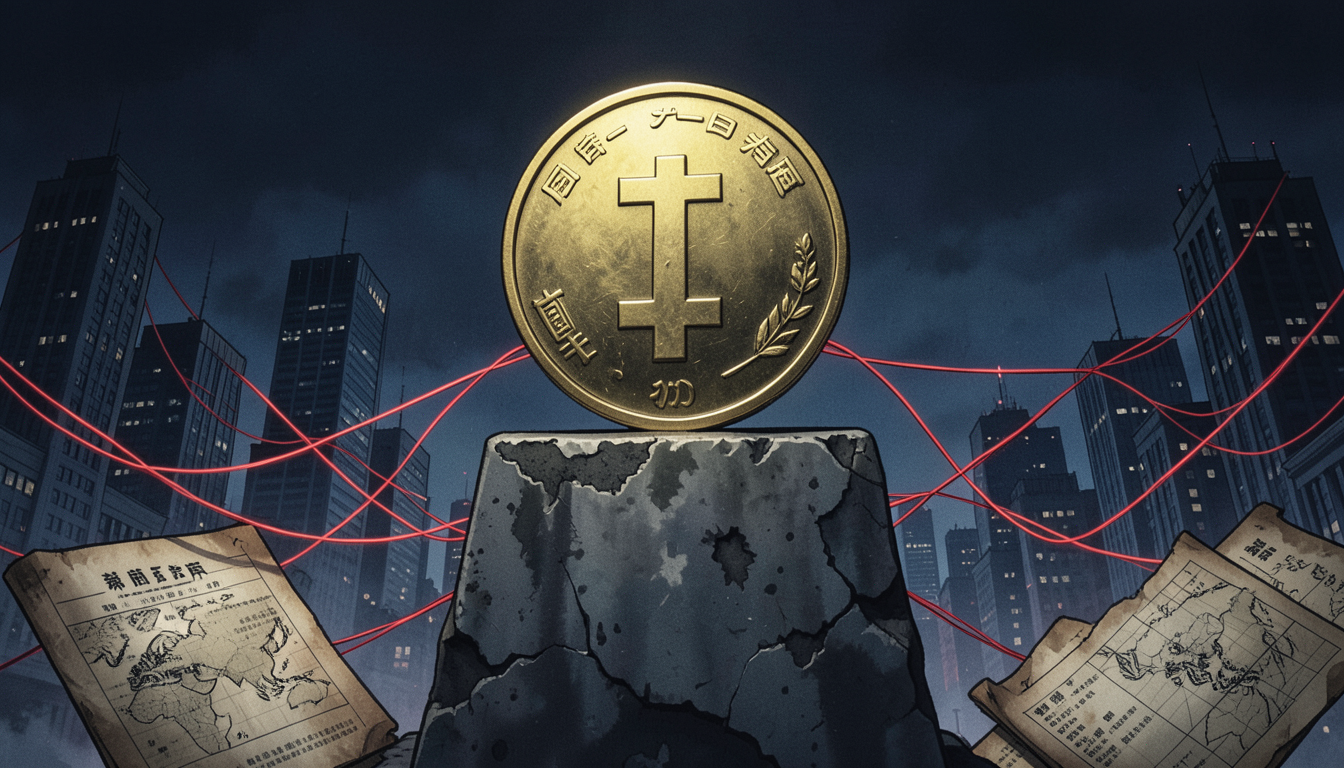 Ilustración conceptual de una moneda de yen equilibrada sobre un pedestal en un horizonte financiero nocturno