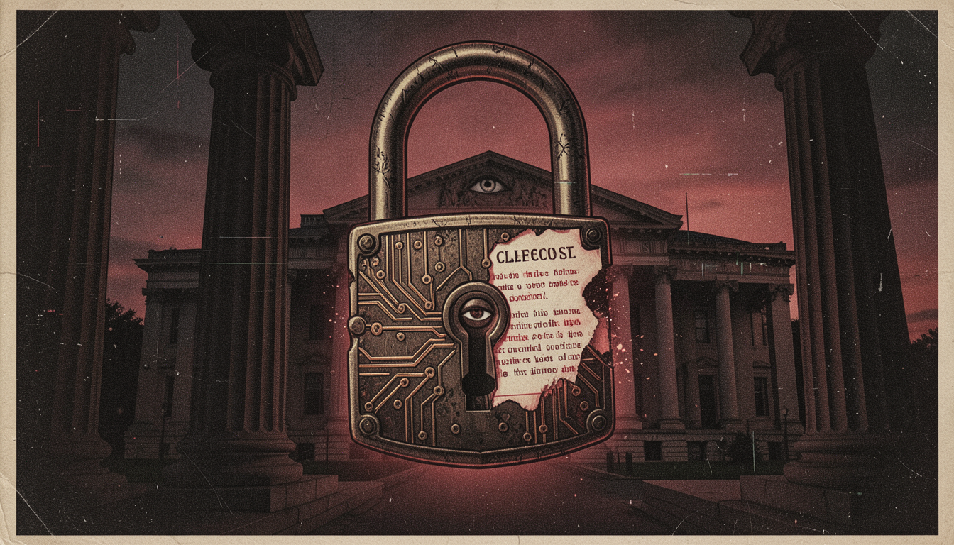Ilustración conceptual de un candado antiguo fusionado con circuitos y un documento clasificado frente a un edificio de gobierno en sombras