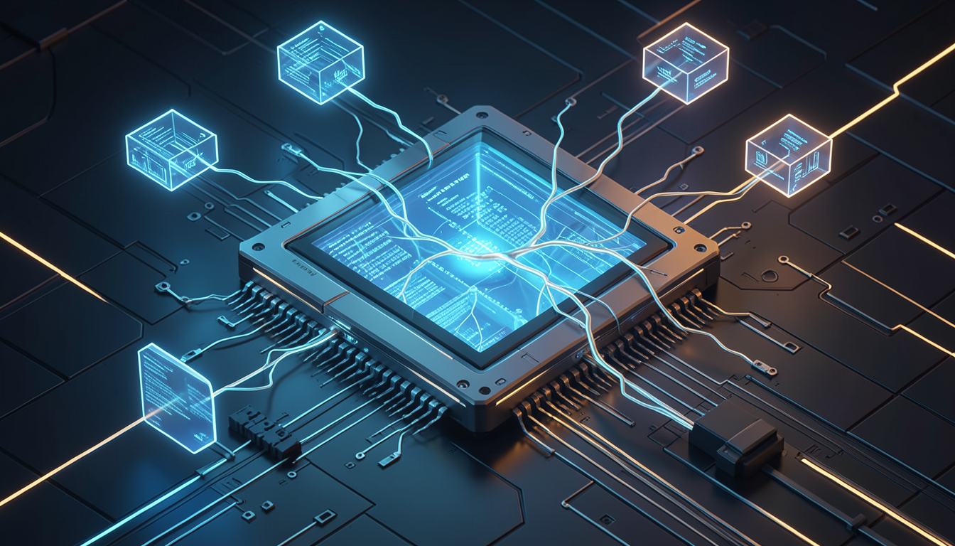 Ilustración conceptual de un procesador de inteligencia artificial y repositorio abierto
