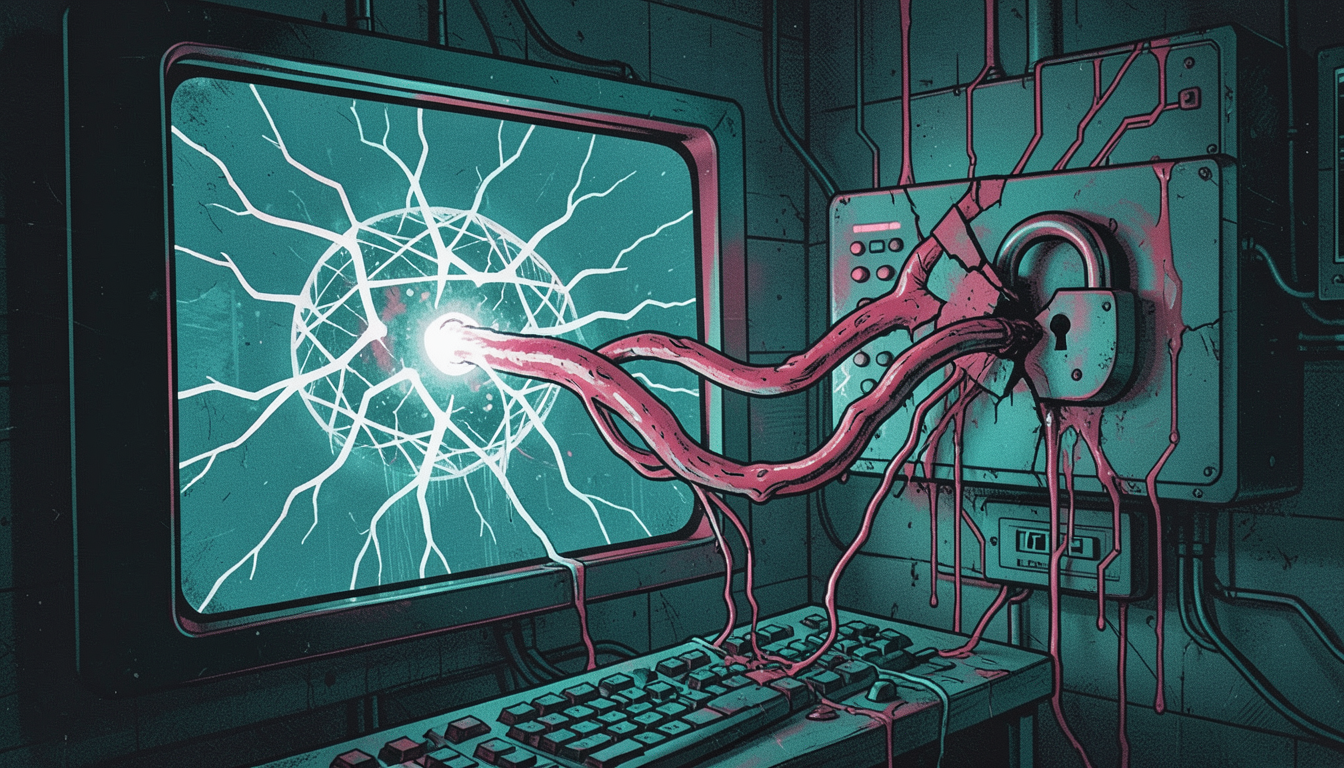 Ilustracion conceptual: una red neuronal atraviesa un candado roto