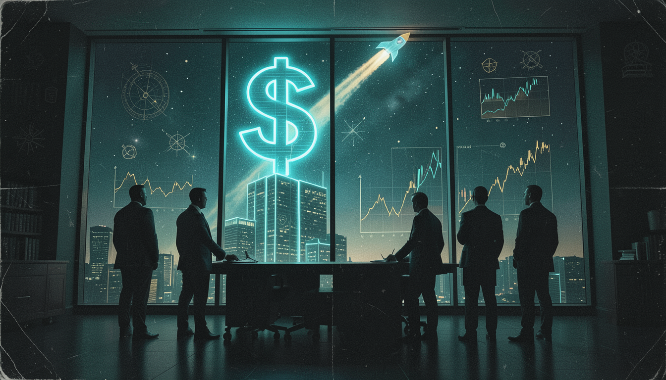 Siluetas oscuras contemplando un gigantesco símbolo de dólar brillante que asciende al espacio junto a gráficos financieros proyectados sobre el vidrio de una sala de juntas, en un estilo surrealista y de claroscuro