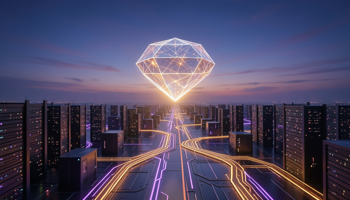 Ilustración de un núcleo de red neuronal luminoso sobre un paisaje de servidores al atardecer.