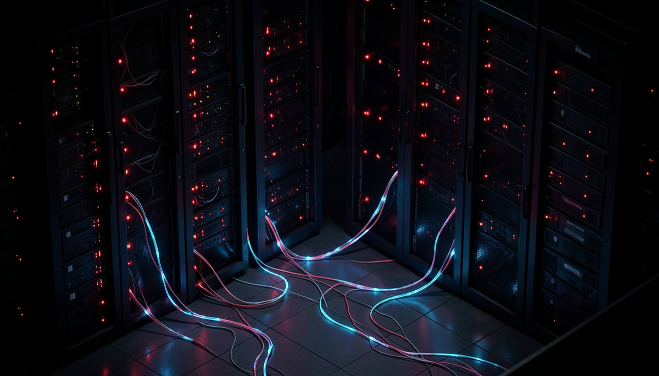 Ilustración conceptual de servidores y cables de fibra óptica con indicadores de falla técnica