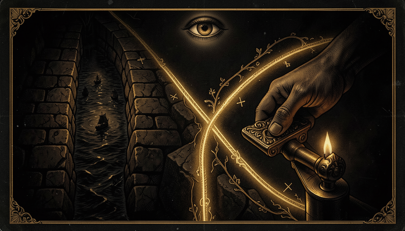 Ilustración esotérica de un estrecho oscuro y estrangulado junto a una ruta dorada abierta, con una mano oculta apoyada sobre una palanca en la bifurcación.