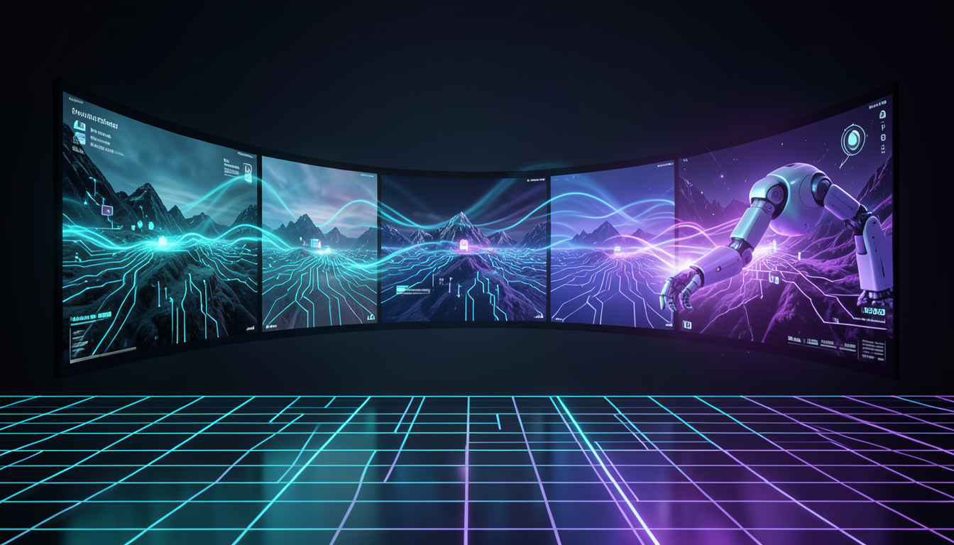 Ilustración futurista de fotogramas transformándose en video con ondas de sonido y un brazo robótico