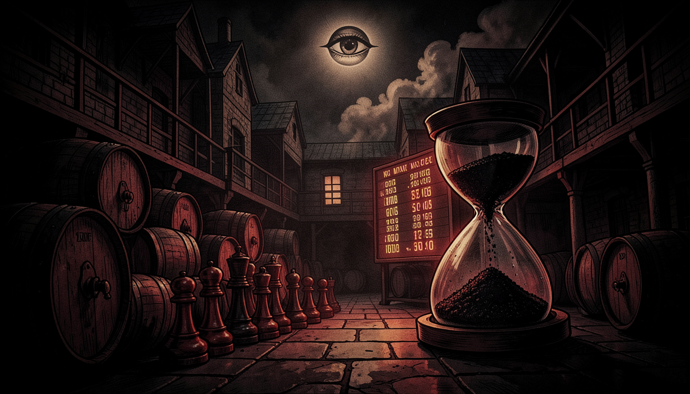 Ilustración de un foso de futuros de petróleo en penumbra con un reloj adelantado