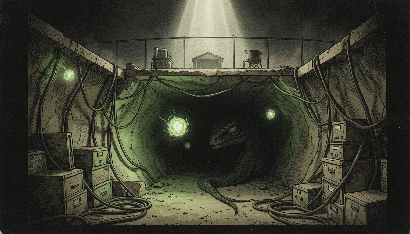 Un ojo reptiliano apenas visible entre las sombras de una bóveda subterránea bajo un sitio nuclear, con bolas de fuego verdes flotando en los túneles