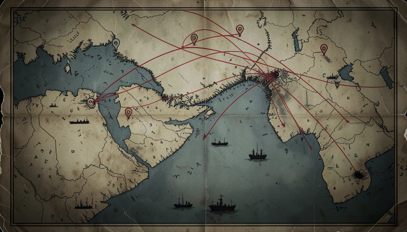 Mapa antiguo del golfo Pérsico con trayectorias de misiles convergiendo sobre Irán y sus vecinos