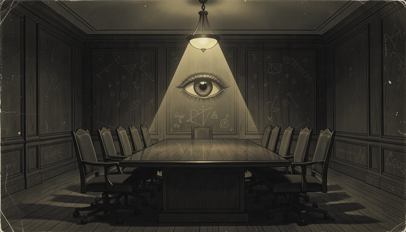 Una mesa de conferencia vacía bajo una araña de luz en forma de ojo, en una sala sin ventanas